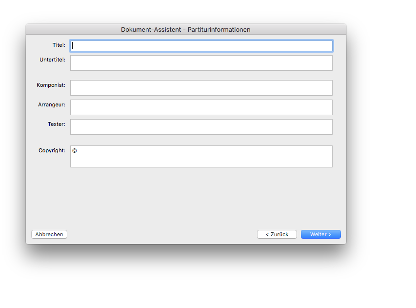 Dialogbox Dokument Assistent Partiturinformation